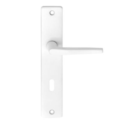 Ensemble poignée sur plaque rectangulaire serrure Colan satin blanc L.106mm x l.39.8mm entraxe 195mm