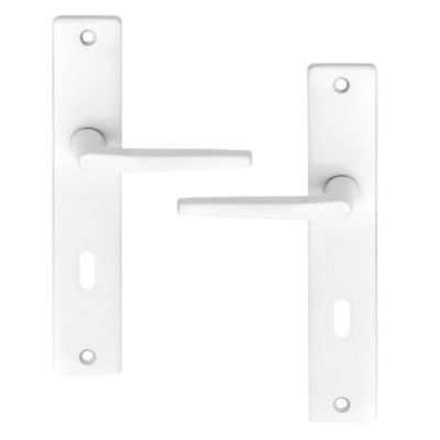 Ensemble poignée sur plaque rectangulaire serrure Colan satin blanc L.106mm x l.39.8mm entraxe 195mm