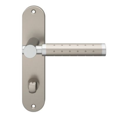 Ensemble poignée sur plaque rond à condamnation GoodHome Brigg effet chrome et nickel satin gris L.132mm x l.40mm entraxe 165mm