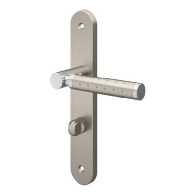 Ensemble poignée sur plaque rond à condamnation GoodHome Brigg effet chrome et nickel satin gris L.132mm x l.40mm entraxe 195mm