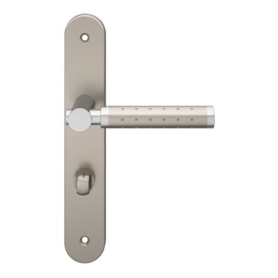 Ensemble poignée sur plaque rond à condamnation GoodHome Brigg effet chrome et nickel satin gris L.132mm x l.40mm entraxe 195mm