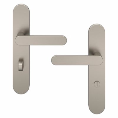 Ensemble poignée sur plaque rond à condamnation GoodHome Minzh effet nickel satin gris L.120mm x l.42mm entraxe 165-195mm