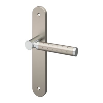 Ensemble poignée sur plaque rond GoodHome Brigg effet chrome et nickel satin gris L.132mm x l.40mm entraxe 195mm
