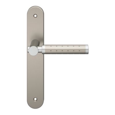 Ensemble poignée sur plaque rond GoodHome Brigg effet chrome et nickel satin gris L.132mm x l.40mm entraxe 195mm