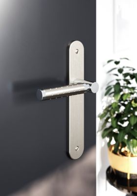 Ensemble poignée sur plaque rond GoodHome Brigg effet chrome et nickel satin gris L.132mm x l.40mm entraxe 195mm