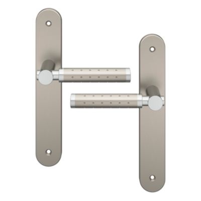 Ensemble poignée sur plaque rond GoodHome Brigg effet chrome et nickel satin gris L.132mm x l.40mm entraxe 195mm
