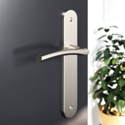 Ensemble poignée sur plaque rond GoodHome Hirel effet nickel satin gris L.128mm x l.40mm entraxe 195mm