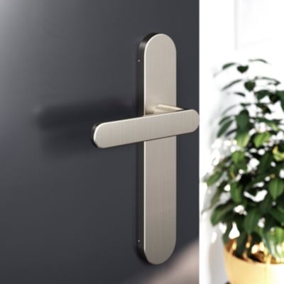 Ensemble poignée sur plaque rond GoodHome Minzh effet nickel satin gris L.120mm x l.42mm entraxe 165-195mm