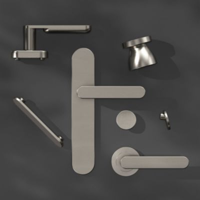 Ensemble poignée sur plaque rond GoodHome Minzh effet nickel satin gris L.120mm x l.42mm entraxe 165-195mm