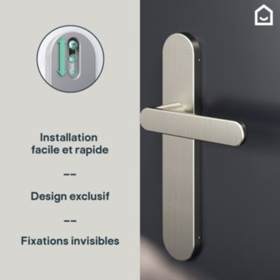 Ensemble poignée sur plaque rond GoodHome Minzh effet nickel satin gris L.120mm x l.42mm entraxe 165-195mm