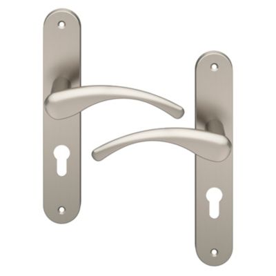 Ensemble poignée sur plaque rond GoodHome Ruis effet nickel satin gris L.138.5mm x l.40mm entraxe 195mm