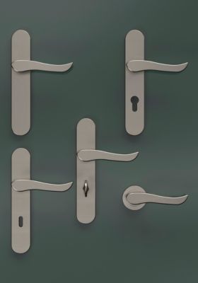 Ensemble poignée sur plaque rond serrure GoodHome Armel effet nickel satin gris L.130mm x l.42mm entraxe 165-195mm