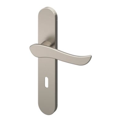 Ensemble poignée sur plaque rond serrure GoodHome Armel effet nickel satin gris L.130mm x l.42mm entraxe 165-195mm