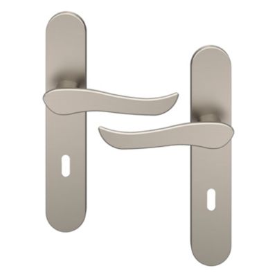 Ensemble poignée sur plaque rond serrure GoodHome Armel effet nickel satin gris L.130mm x l.42mm entraxe 165-195mm