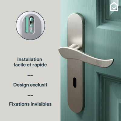 Ensemble poignée sur plaque rond serrure GoodHome Armel effet nickel satin gris L.130mm x l.42mm entraxe 165-195mm