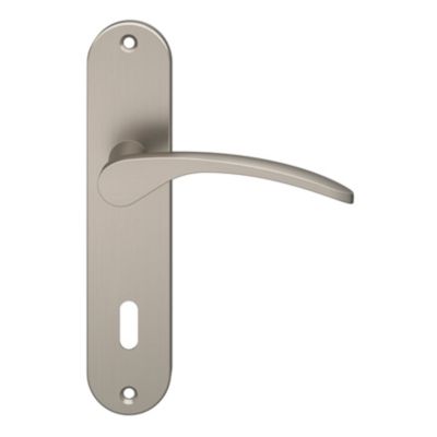 Ensemble poignée sur plaque rond serrure GoodHome Beare effet nickel satin gris L.110.5mm x l.40mm entraxe 165mm