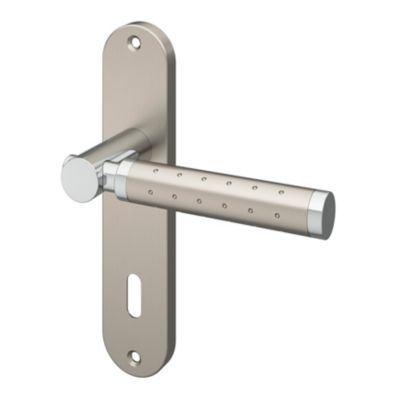 Ensemble poignée sur plaque rond serrure GoodHome Brigg effet chrome et nickel satin gris L.132mm x l.40mm entraxe 165mm