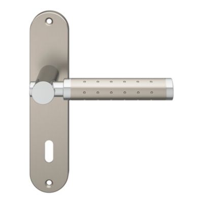 Ensemble poignée sur plaque rond serrure GoodHome Brigg effet chrome et nickel satin gris L.132mm x l.40mm entraxe 165mm