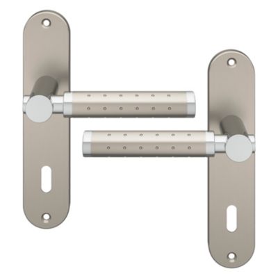 Ensemble poignée sur plaque rond serrure GoodHome Brigg effet chrome et nickel satin gris L.132mm x l.40mm entraxe 165mm