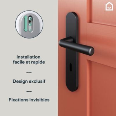 Ensemble poignée sur plaque rond serrure GoodHome Dizel effet nickel mat noir L.121.5mm x l.42mm entraxe 165-195mm