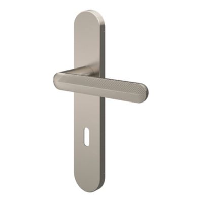 Ensemble poignée sur plaque rond serrure GoodHome Garlan effet nickel satin gris L.125mm x l.42mm entraxe 165-195mm