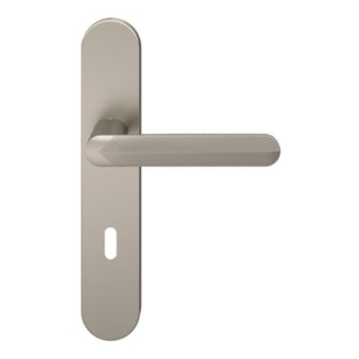 Ensemble poignée sur plaque rond serrure GoodHome Garlan effet nickel satin gris L.125mm x l.42mm entraxe 165-195mm