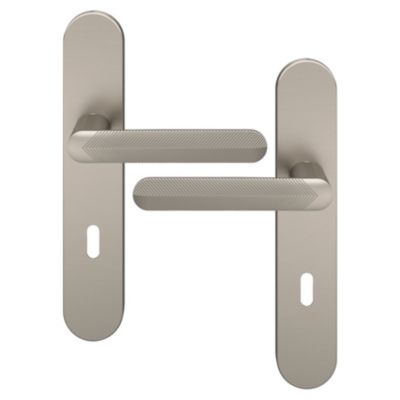 Ensemble poignée sur plaque rond serrure GoodHome Garlan effet nickel satin gris L.125mm x l.42mm entraxe 165-195mm