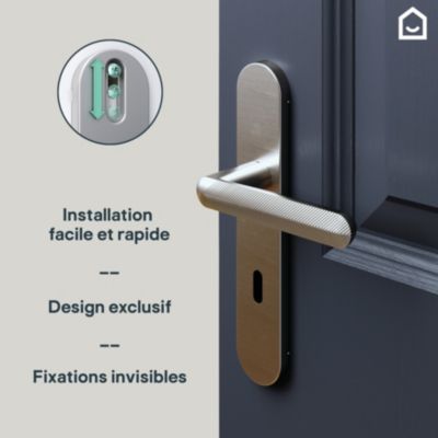Ensemble poignée sur plaque rond serrure GoodHome Garlan effet nickel satin gris L.125mm x l.42mm entraxe 165-195mm