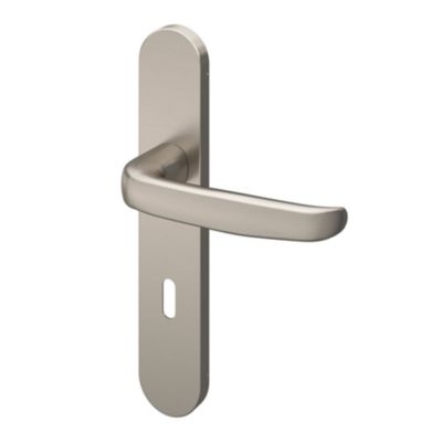 Ensemble poignée sur plaque rond serrure GoodHome Govlin effet nickel satin gris L.130mm x l.42mm entraxe 165-195mm