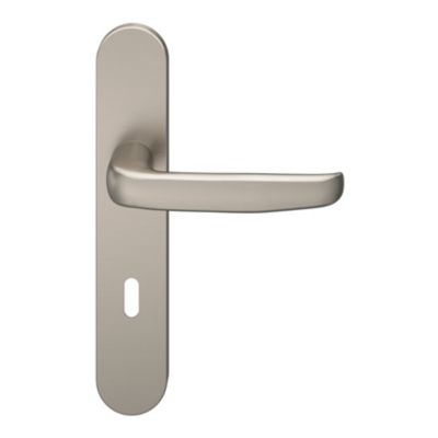 Ensemble poignée sur plaque rond serrure GoodHome Govlin effet nickel satin gris L.130mm x l.42mm entraxe 165-195mm