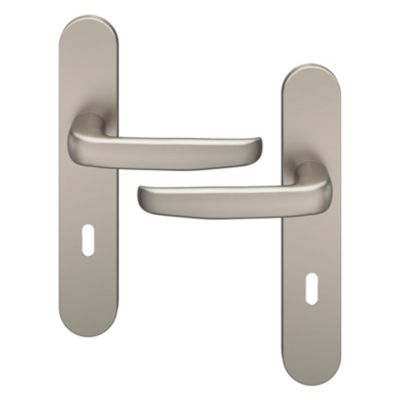 Ensemble poignée sur plaque rond serrure GoodHome Govlin effet nickel satin gris L.130mm x l.42mm entraxe 165-195mm