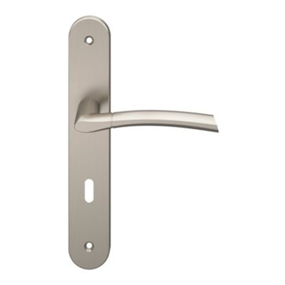 Ensemble poignée sur plaque rond serrure GoodHome Hirel effet nickel satin gris L.128mm x l.40mm entraxe 195mm