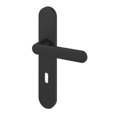Ensemble poignée sur plaque rond serrure GoodHome Minzh effet nickel mat noir L.120mm x l.42mm entraxe 165-195mm