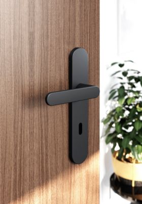 Ensemble poignée sur plaque rond serrure GoodHome Minzh effet nickel mat noir L.120mm x l.42mm entraxe 165-195mm