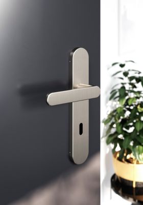Ensemble poignée sur plaque rond serrure GoodHome Minzh effet nickel satin gris L.120mm x l.42mm entraxe 165-195mm