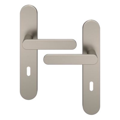 Ensemble poignée sur plaque rond serrure GoodHome Minzh effet nickel satin gris L.120mm x l.42mm entraxe 165-195mm