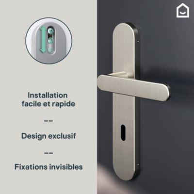 Ensemble poignée sur plaque rond serrure GoodHome Minzh effet nickel satin gris L.120mm x l.42mm entraxe 165-195mm