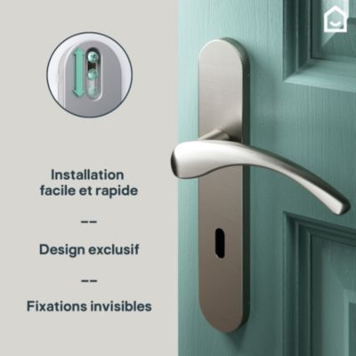 Ensemble poignée sur plaque rond serrure GoodHome Ruis effet nickel satin gris L.138.5mm x l.42mm entraxe 165-195mm