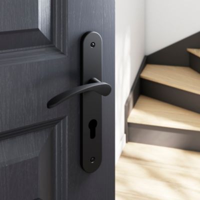 Ensemble poignée sur plaque rondcylindre GoodHome Beare effet nickel mat noir L.110.5mm x l.40mm entraxe 195mm