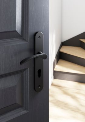 Ensemble poignée sur plaque rondcylindre GoodHome Beare effet nickel mat noir L.110.5mm x l.40mm entraxe 195mm