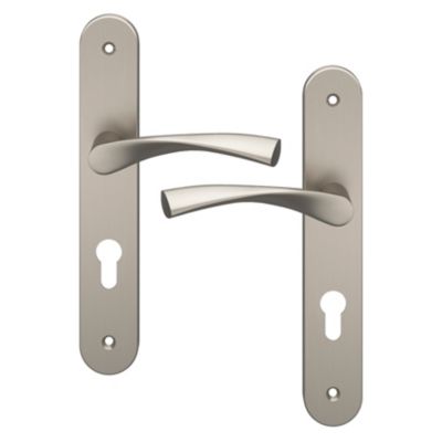 Ensemble poignée sur plaque rondcylindre GoodHome Breage effet nickel satin gris L.120.5mm x l.40mm entraxe 195mm