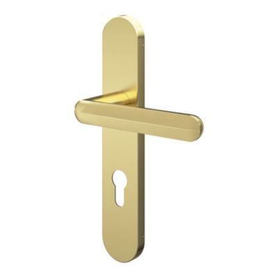 Ensemble poignée sur plaque rondcylindre GoodHome Garlan effet laiton satin doré L.125mm x l.42mm entraxe 165-195mm