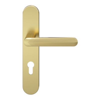 Ensemble poignée sur plaque rondcylindre GoodHome Garlan effet laiton satin doré L.125mm x l.42mm entraxe 165-195mm