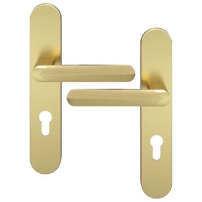 Ensemble poignée sur plaque rondcylindre GoodHome Garlan effet laiton satin doré L.125mm x l.42mm entraxe 165-195mm