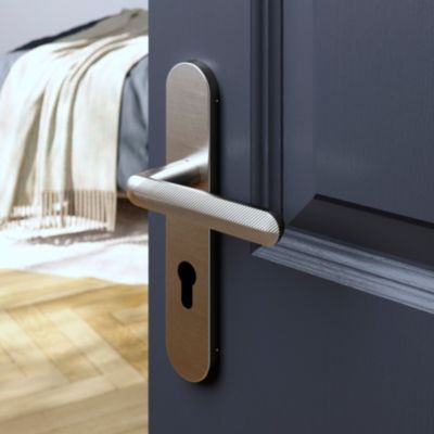 Ensemble poignée sur plaque rondcylindre GoodHome Garlan effet nickel satin gris L.125mm x l.42mm entraxe 165-195mm