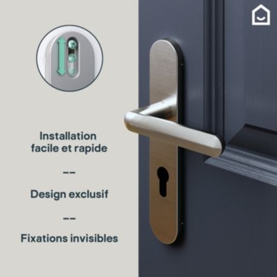 Ensemble poignée sur plaque rondcylindre GoodHome Garlan effet nickel satin gris L.125mm x l.42mm entraxe 165-195mm
