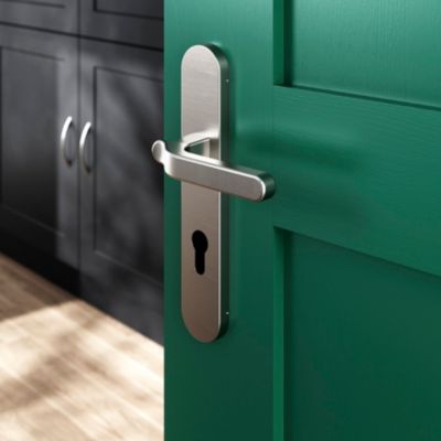 Ensemble poignée sur plaque rondcylindre GoodHome Prat effet nickel satin gris L.129mm x l.42mm entraxe 165-195mm