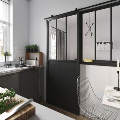 Ensemble porte coulissante atelier noire 3 vitrages H.204 x l.83 cm et système de rail en acier