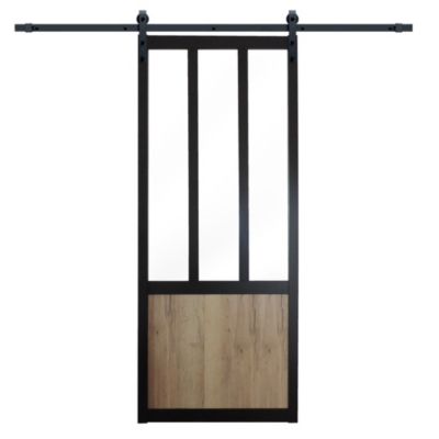 Ensemble porte coulissante noire Mykado 3 vitrages transparents et système de rail