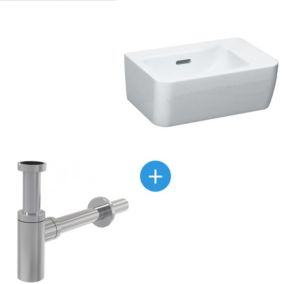 Ensemble Pro Lave-mains 36x25 cm, Blanc + Siphon Alca en métal Chromé (H8169550001061-SET)